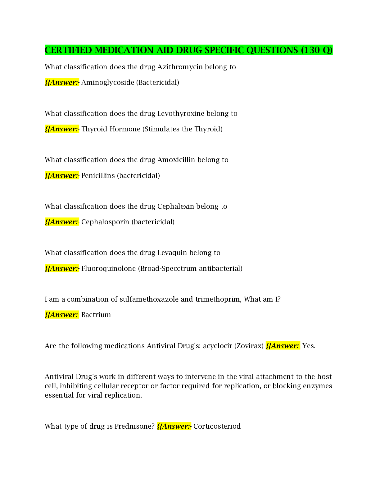 Preview image for CERTIFIED MEDICATION AID DRUG SPECIFIC QUESTIONS (130 Questions, Answered